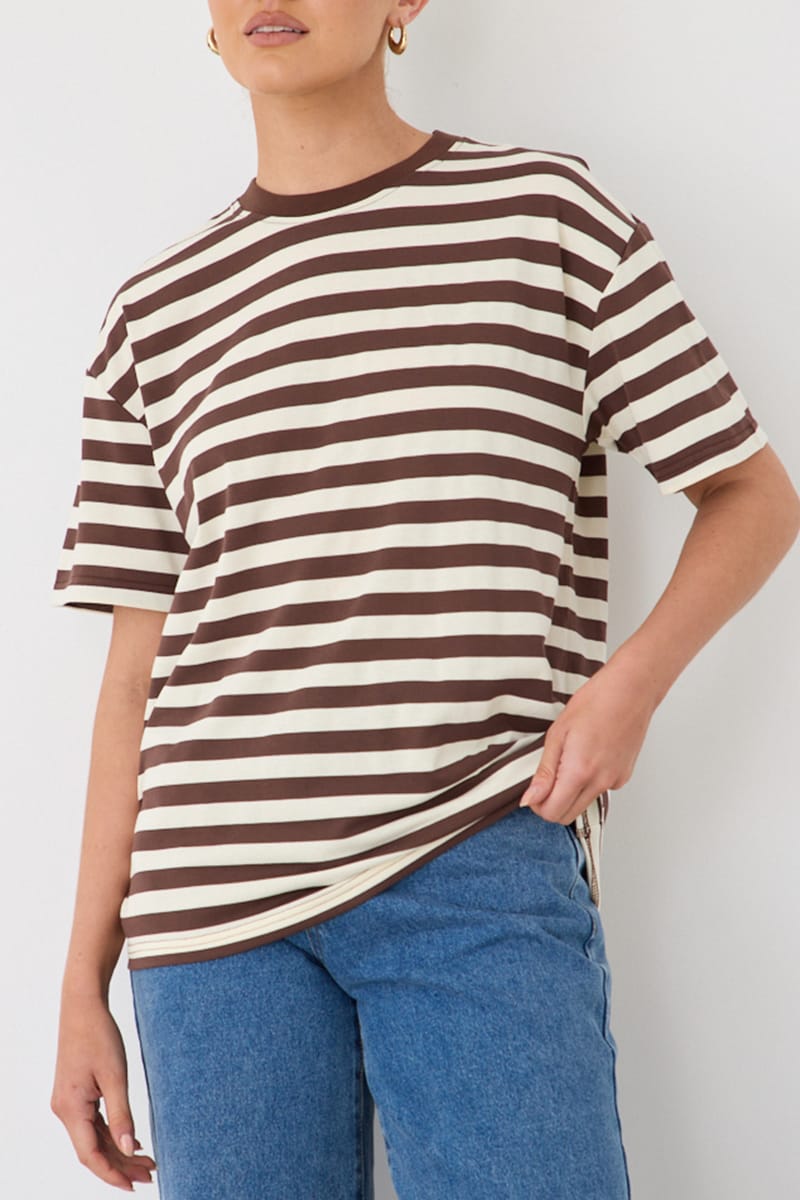 Brown Stripe Oversized Tee Short Sleeve for Ally Fashion