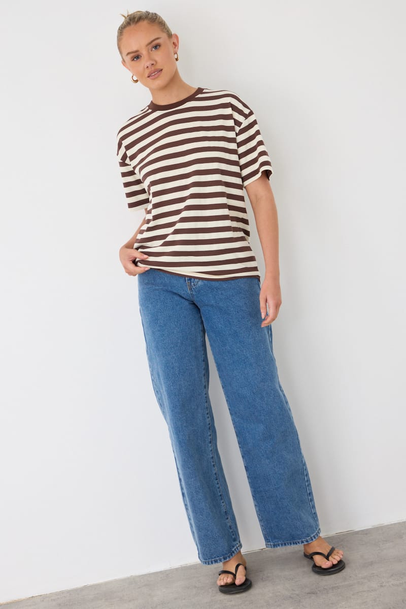 Brown Stripe Oversized Tee Short Sleeve for Ally Fashion