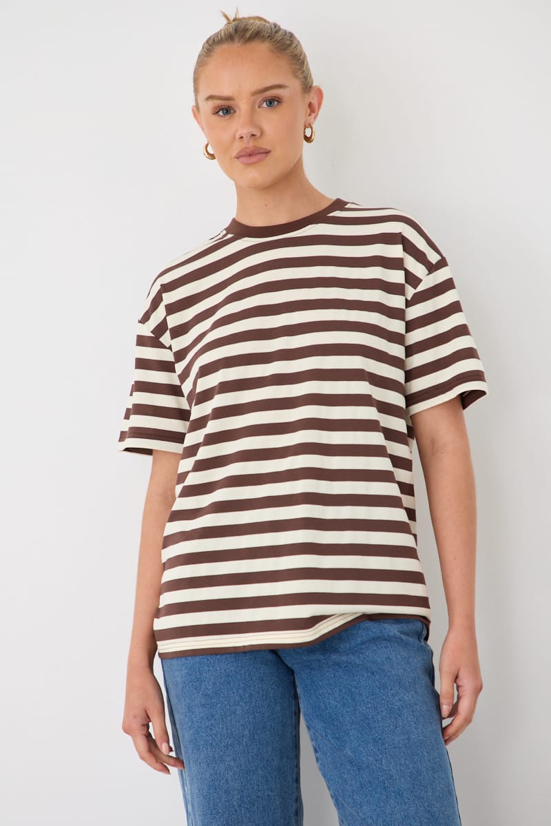 Brown Stripe Oversized Tee Short Sleeve for Ally Fashion