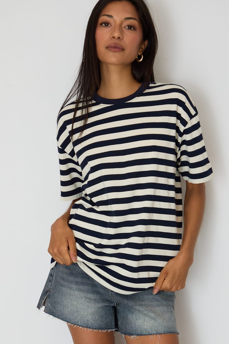 Blue Stripe Oversized Tee Short Sleeve for Ally Fashion
