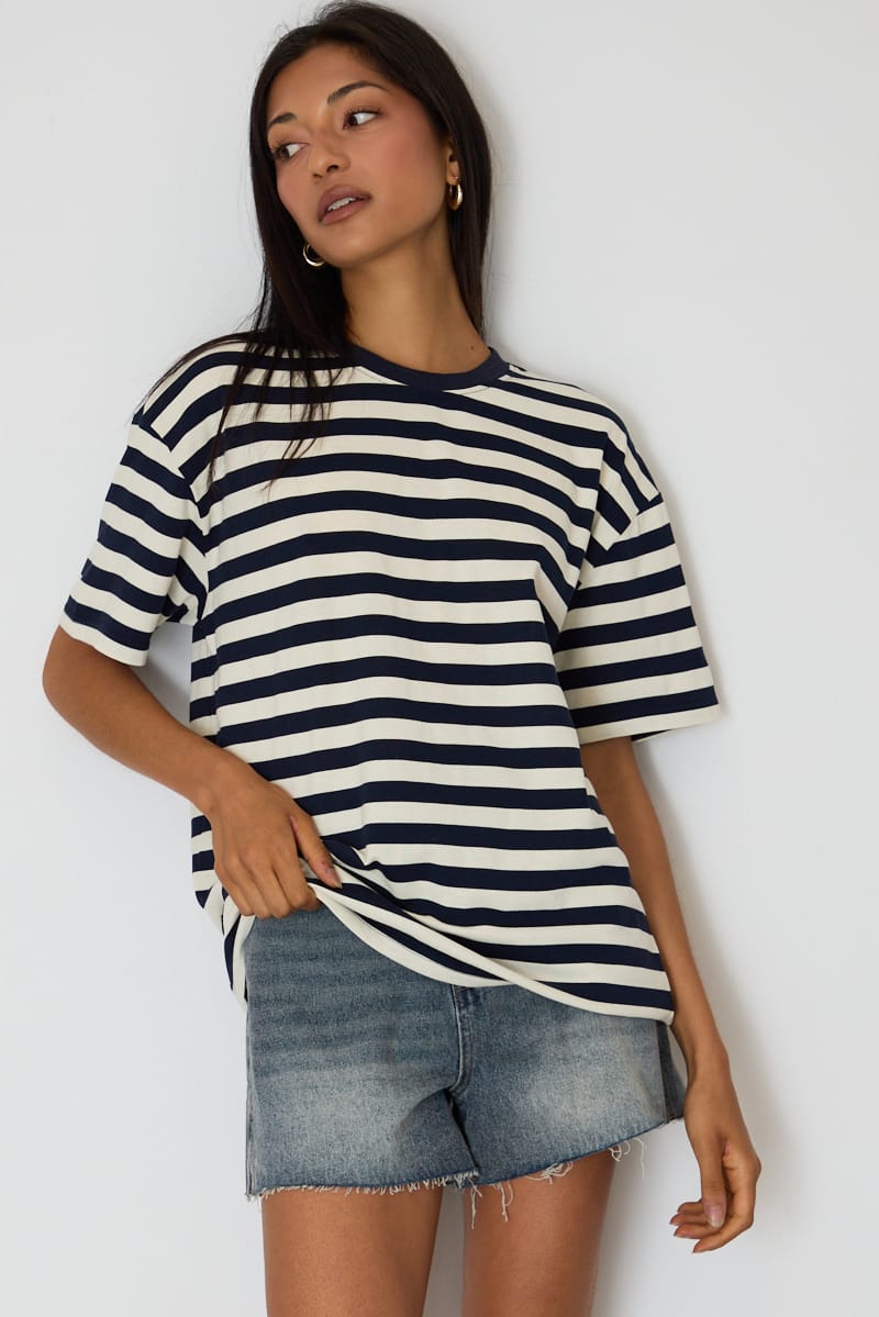 Blue Stripe Oversized Tee Short Sleeve for Ally Fashion