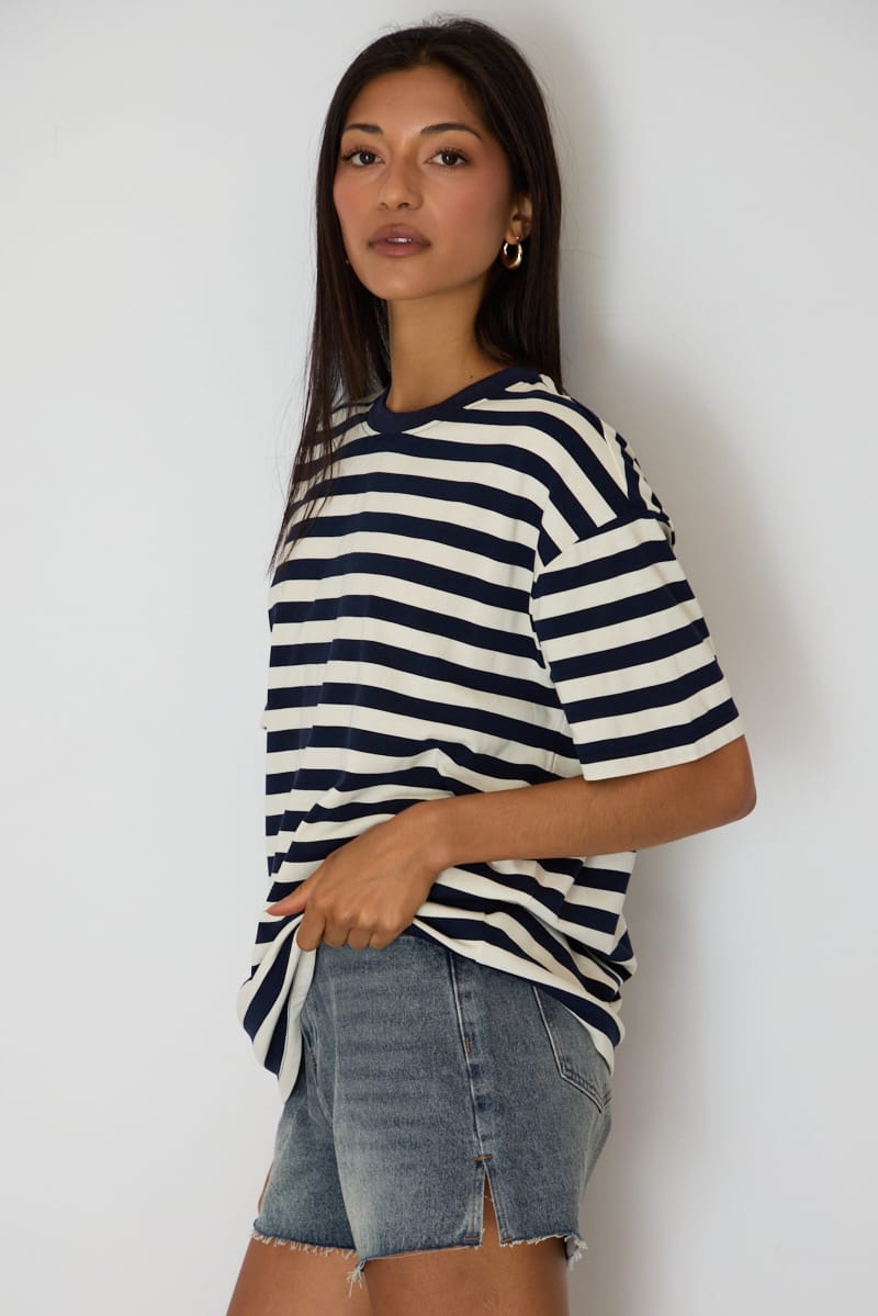 Blue Stripe Oversized Tee Short Sleeve for Ally Fashion