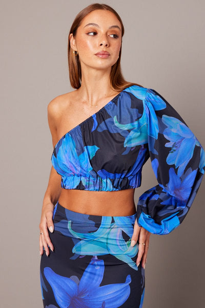 Blue Floral One Shoulder Top Balloon Sleeve Crop Top | Ally Fashion