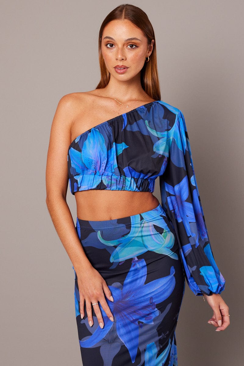 Blue Floral One Shoulder Top Balloon Sleeve Crop Top for Ally Fashion