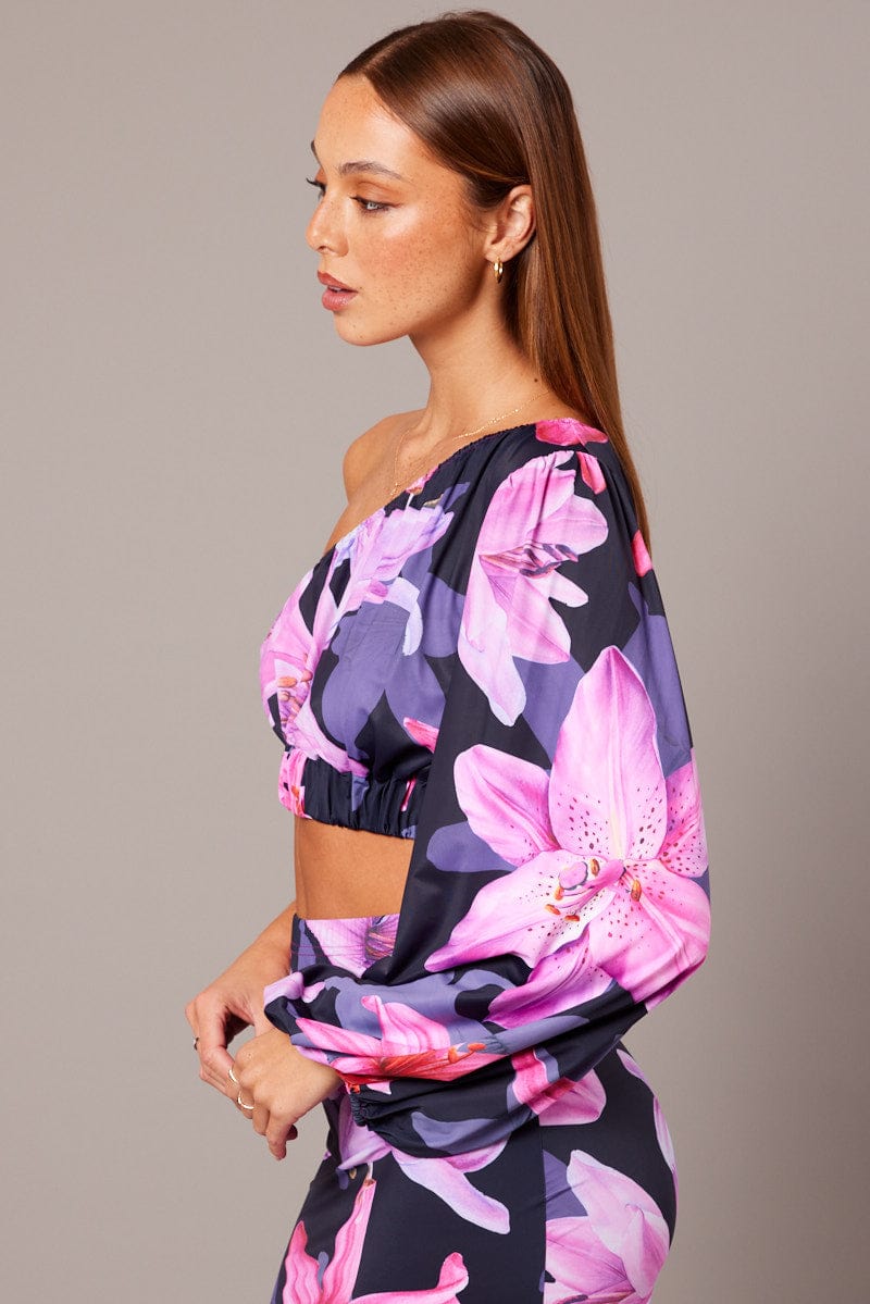 Pink Floral One Shoulder Top Balloon Sleeve Crop Top for Ally Fashion