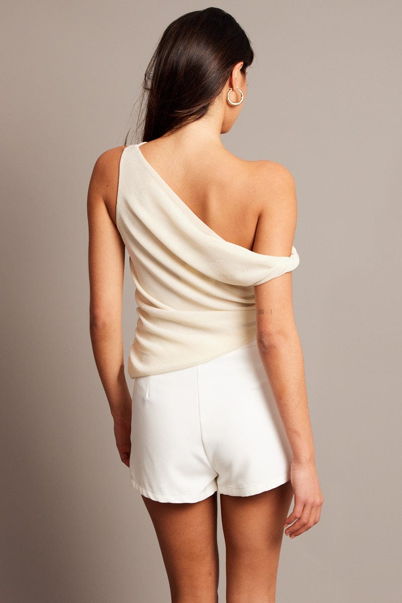 White Asymmetrical Top Cowl Neck Textured for Ally Fashion