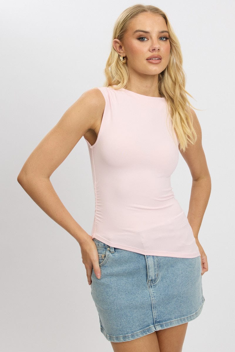 Pink Sleeveless Top Asymmetric Hem for Ally Fashion