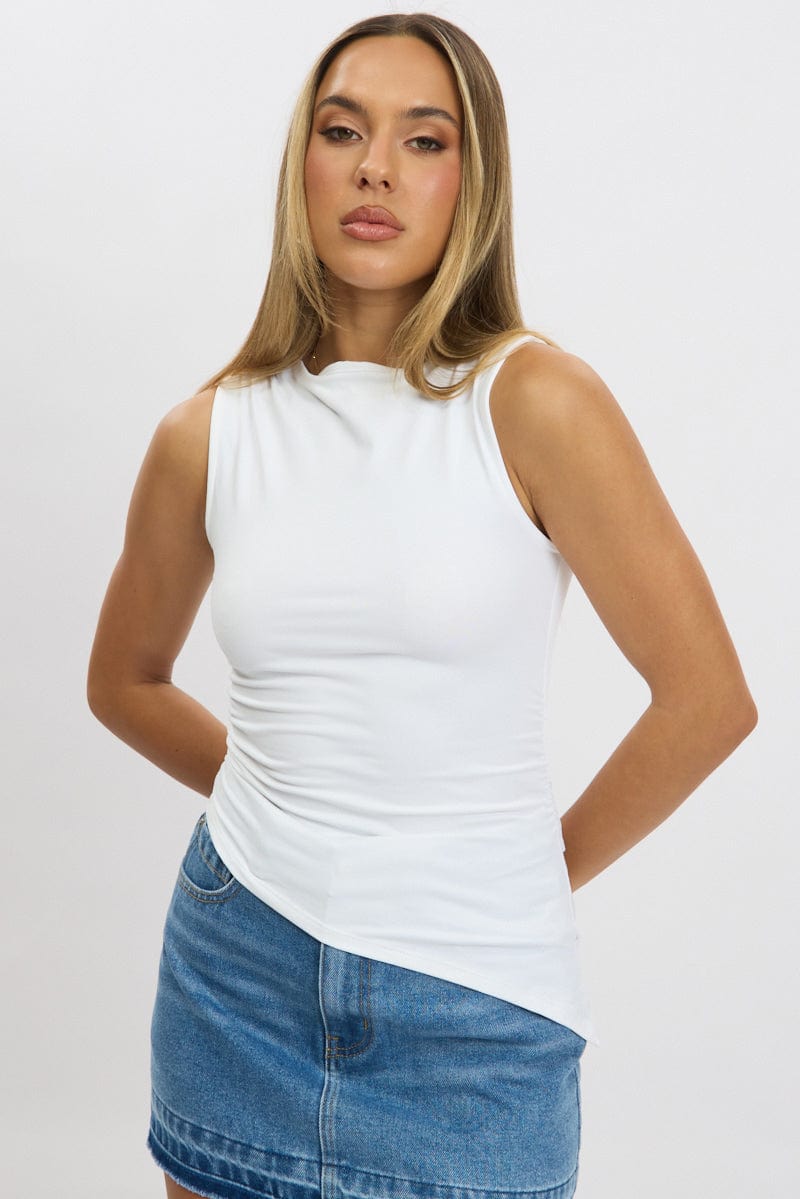 White Sleeveless Top Asymmetric Hem for Ally Fashion