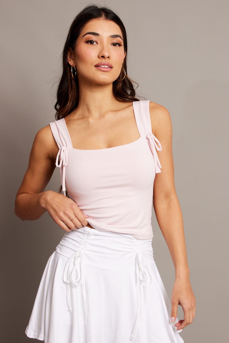 Pink Crop Top Square Neck With Ribbons for Ally Fashion