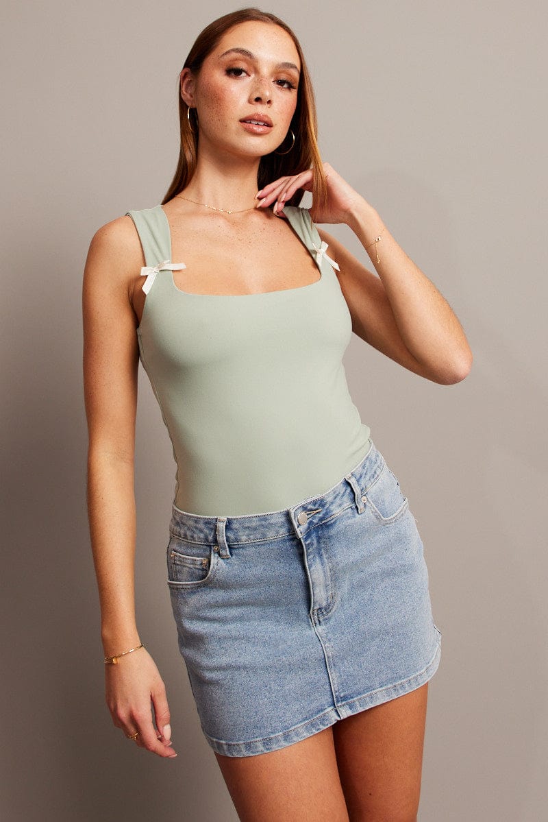 Green Supersoft Tank Scoop Neck Sleeveless Ribbon for Ally Fashion