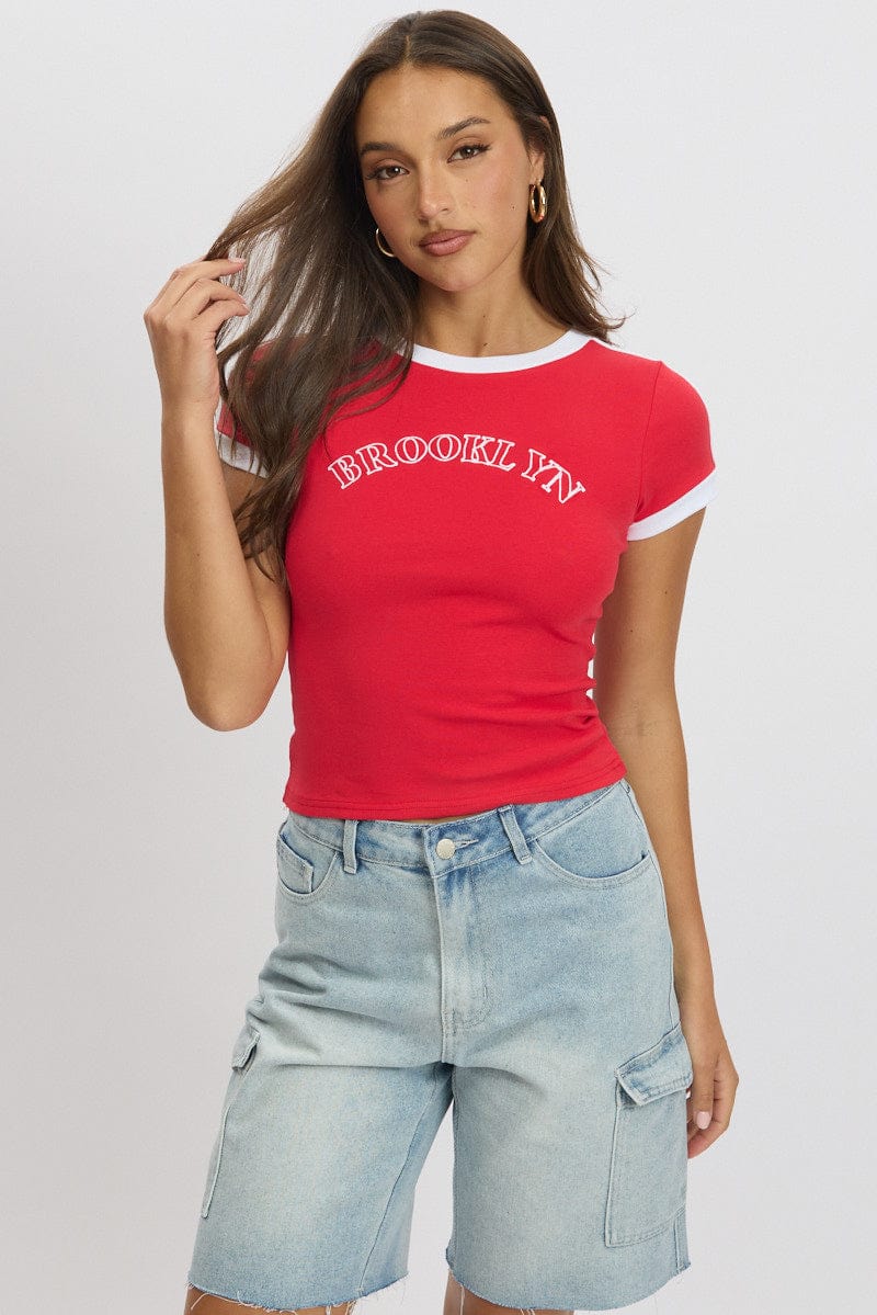 Red Graphic Tee Short Sleeve for Ally Fashion