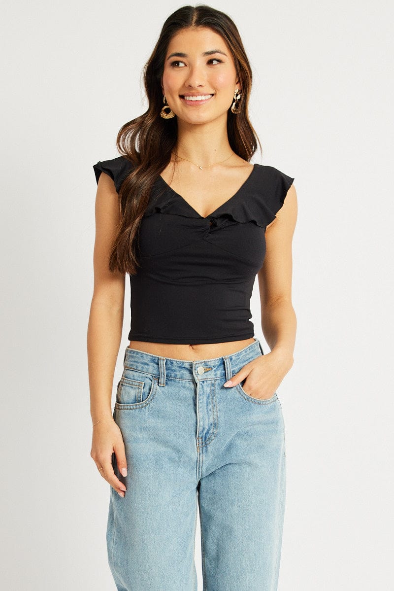 Black Ruffle Neck Top Sleeveless Supersoft for Ally Fashion