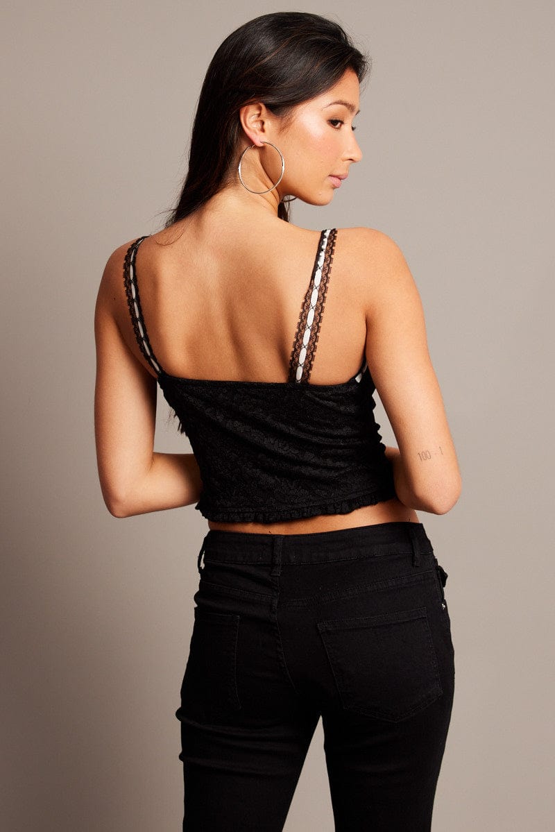 Black Trimmed Top Sleeveless Lace for Ally Fashion