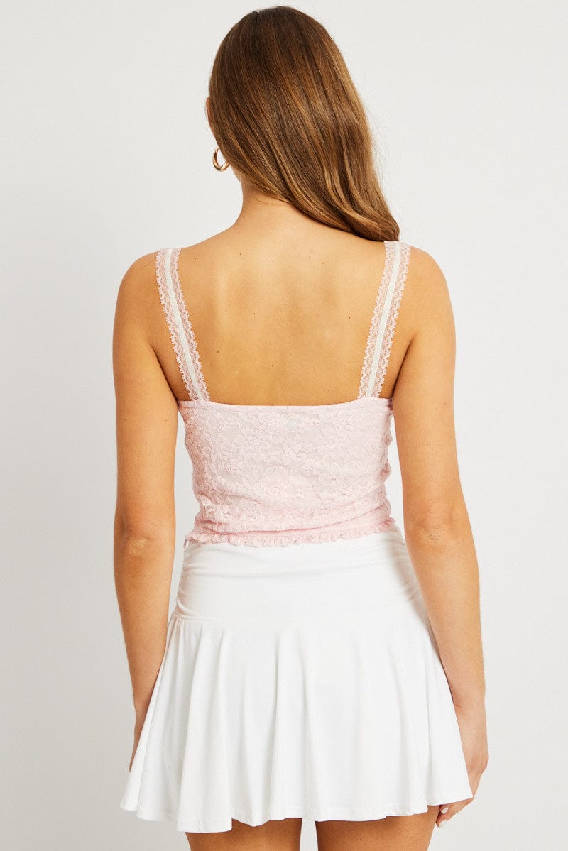 Pink Trimmed Top Sleeveless Lace for Ally Fashion