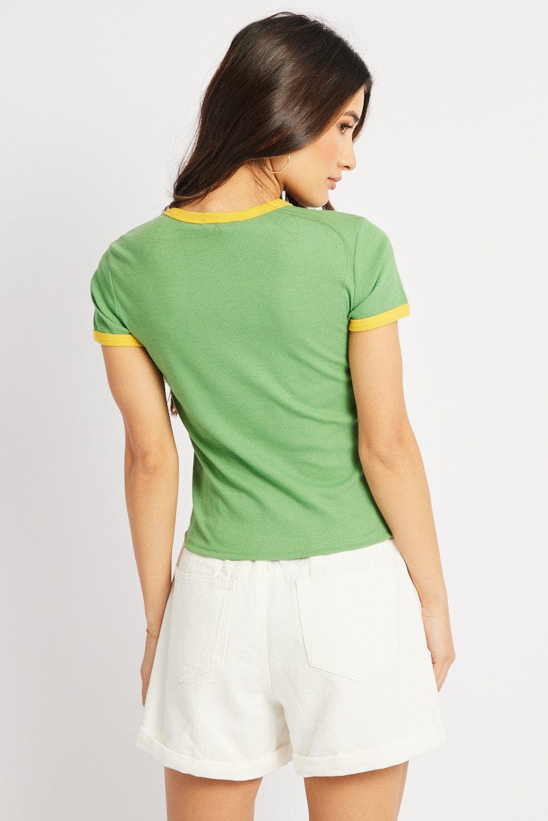 Green Graphic Tee V Neck Short Sleeve for Ally Fashion