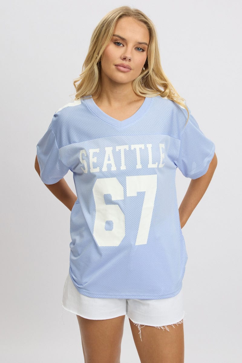 Blue Sport Tee V Neck Short Sleeve for Ally Fashion