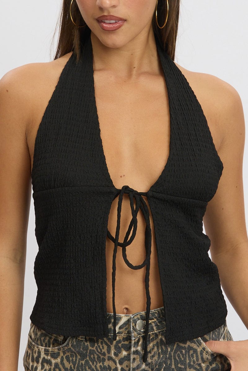 Black Textured Top Halter Neck Tie Up Front Ally Fashion