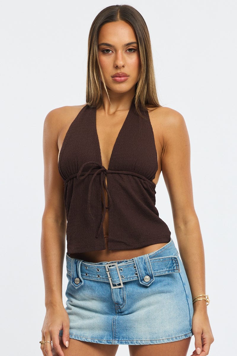 Brown Textured Top Halter Neck Tie Up Front for Ally Fashion
