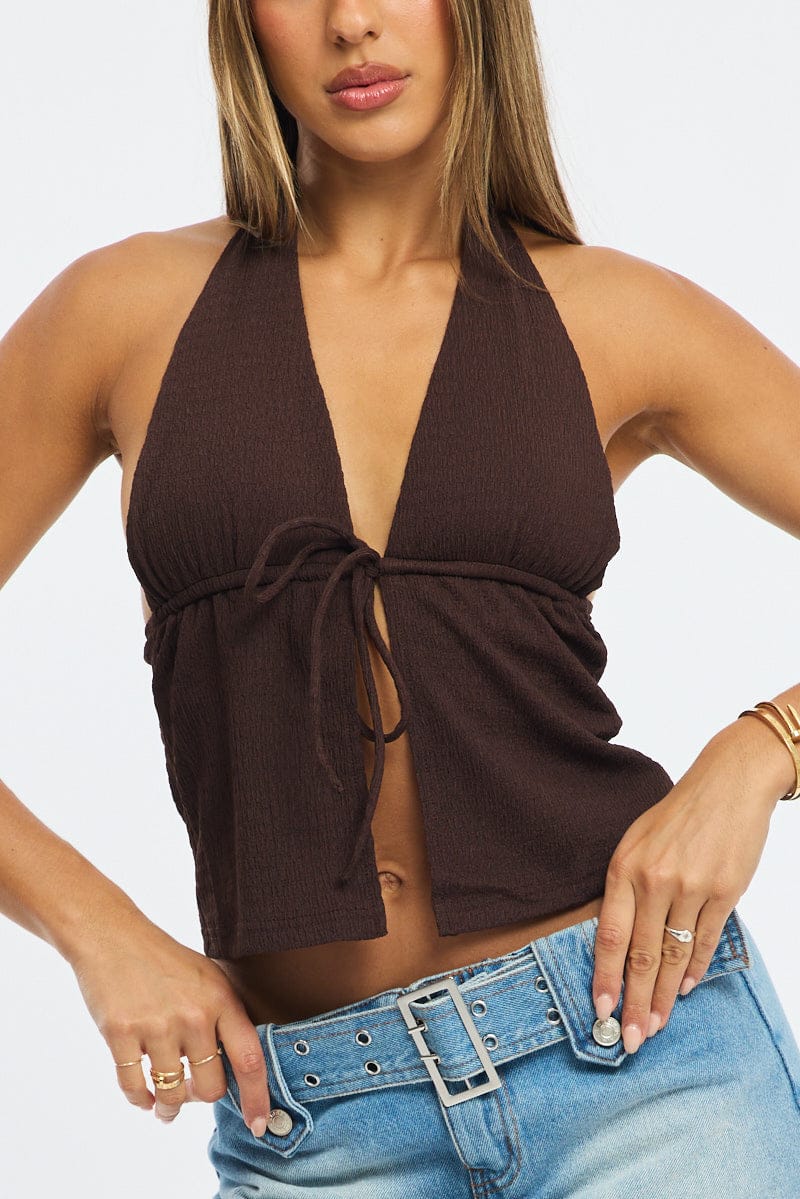 Brown Textured Top Halter Neck Tie Up Front | Ally Fashion