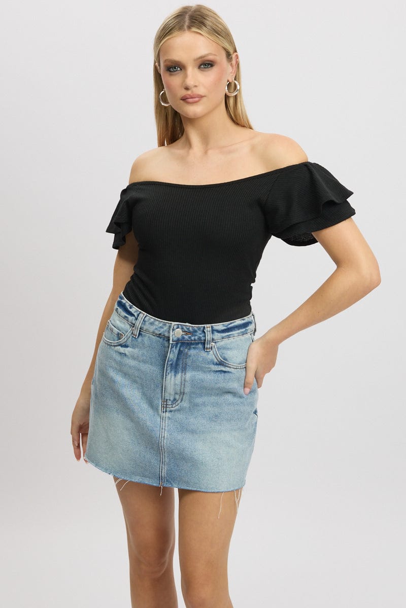 Black Bodysuit Ruffle-Sleeve Textured from Ally Fashion
