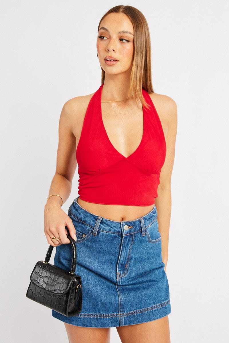 Red Halter Neck Top Tie Back Mesh for Ally Fashion