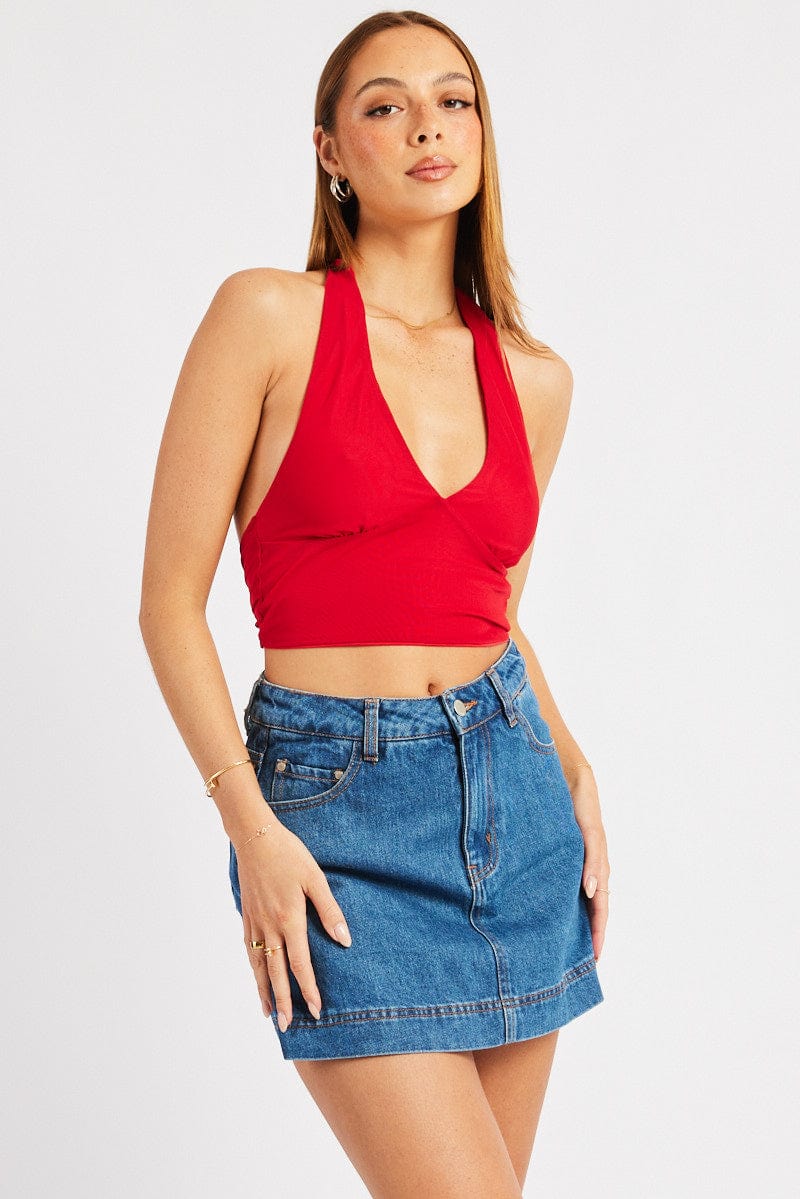 Red Halter Neck Top Tie Back Mesh for Ally Fashion