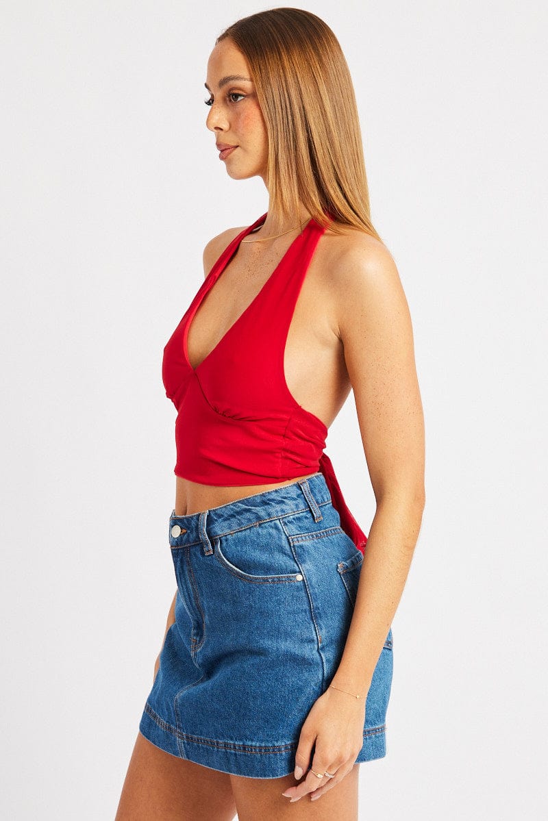 Red Halter Neck Top Tie Back Mesh for Ally Fashion