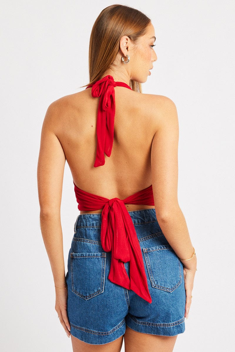 Red Halter Neck Top Tie Back Mesh for Ally Fashion