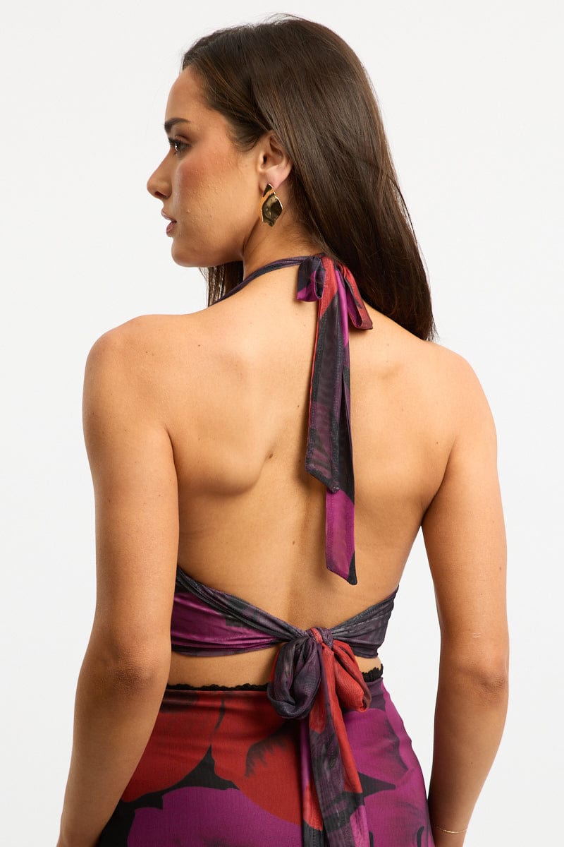 Black Floral Halter Neck Top Tie Back Mesh for Ally Fashion