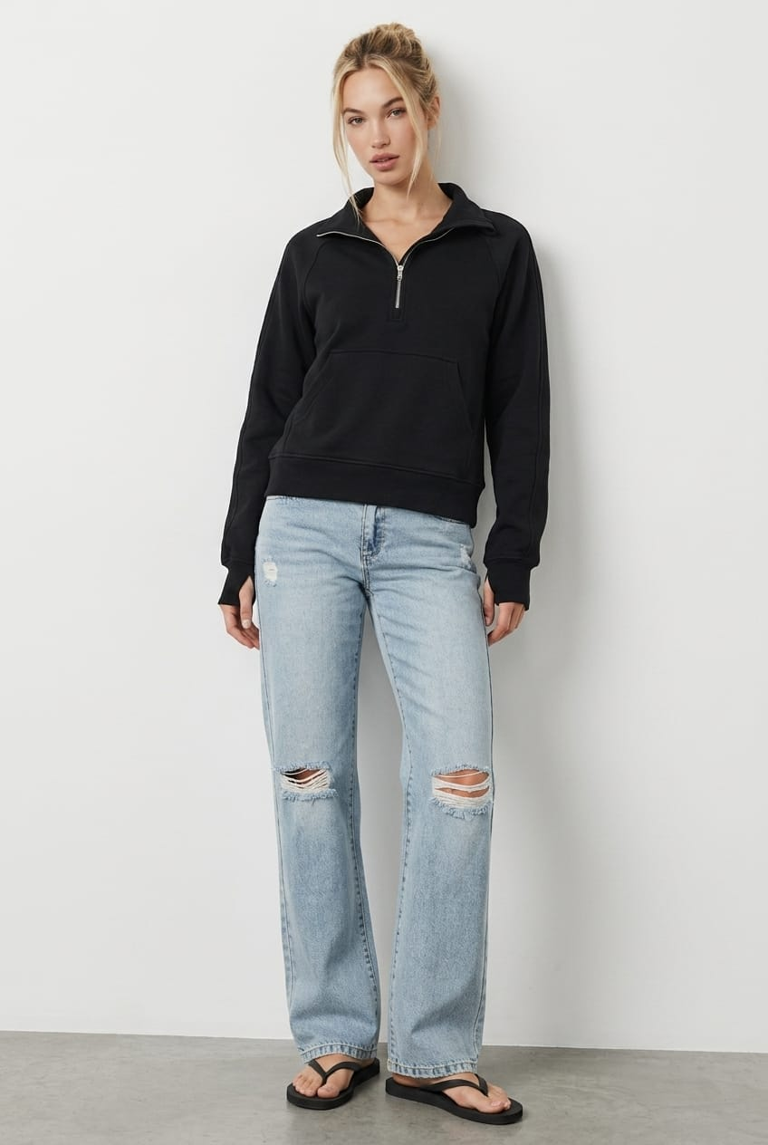 Black Zip Up Sweater Long Sleeve for Ally Fashion