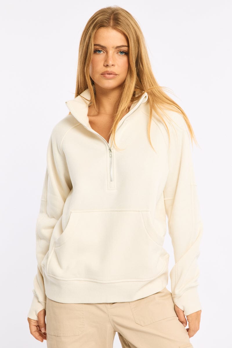 White Zip Up Sweater Long Sleeve for Ally Fashion