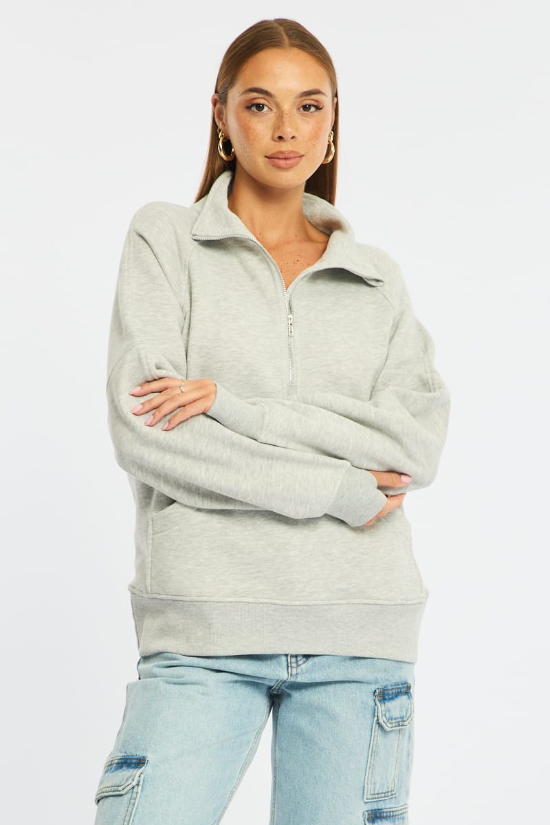 Grey Zip Up Sweater Long Sleeve for Ally Fashion