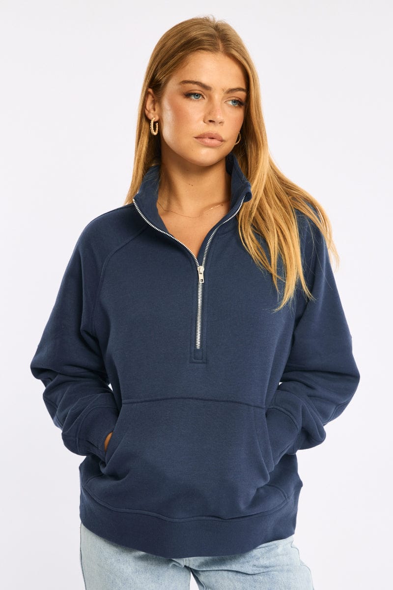 Blue Zip Up Sweater Long Sleeve for Ally Fashion