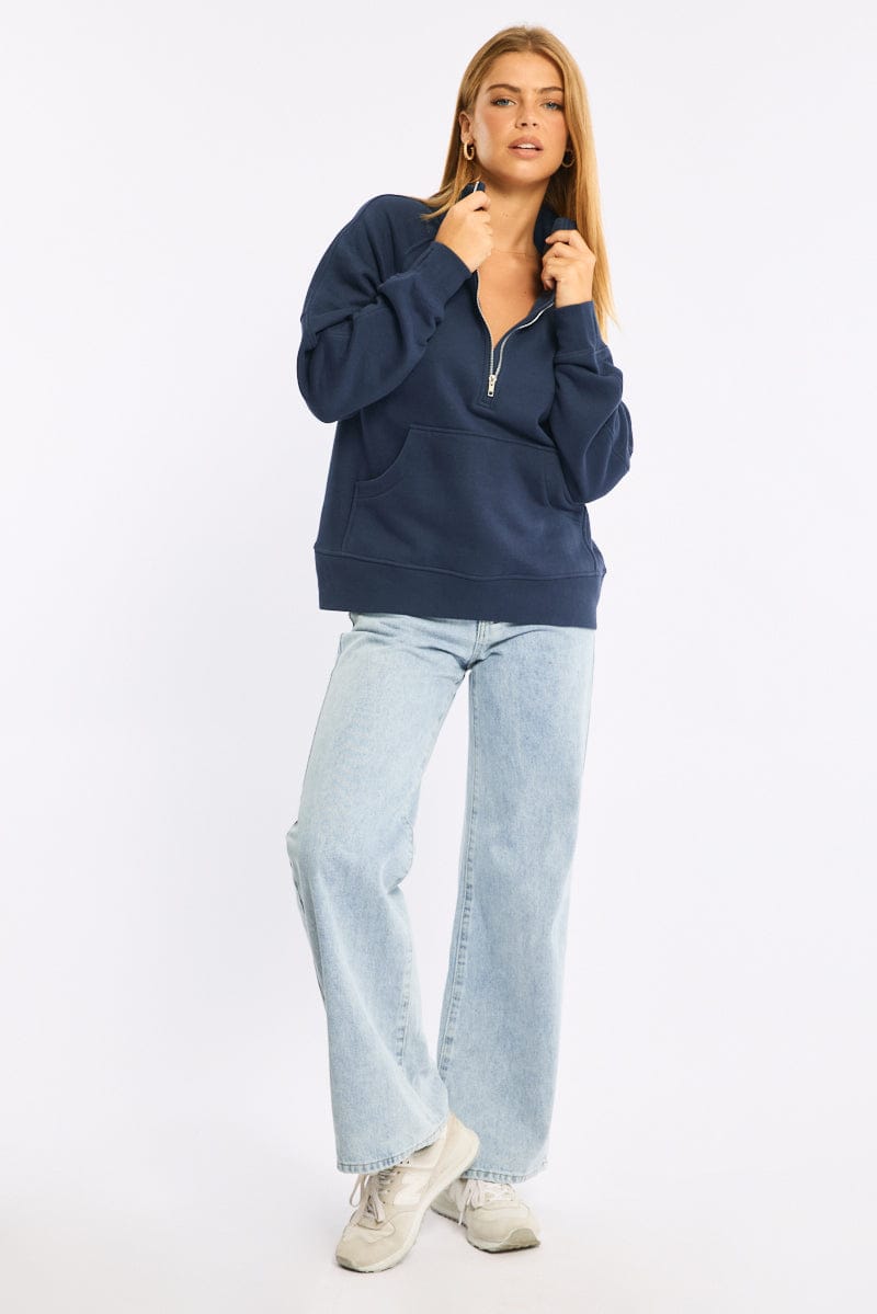 Blue Zip Up Sweater Long Sleeve for Ally Fashion