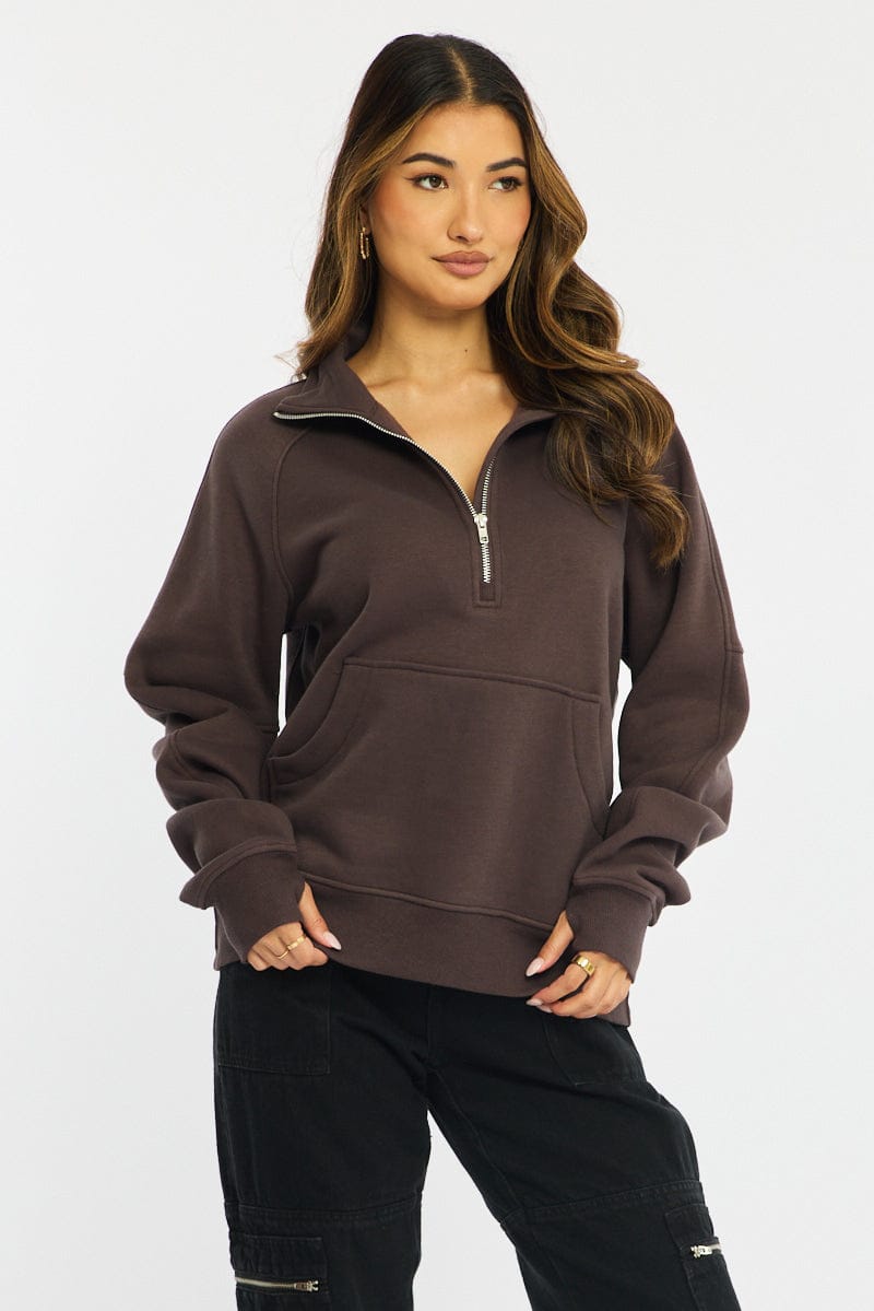 Brown Zip Up Sweater Long Sleeve for Ally Fashion