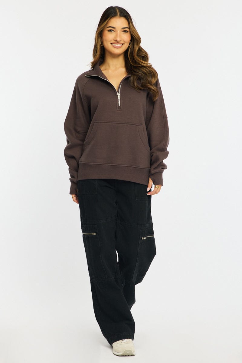 Brown Zip Up Sweater Long Sleeve for Ally Fashion