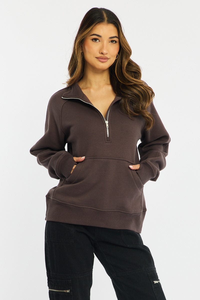 Brown Zip Up Sweater Long Sleeve for Ally Fashion