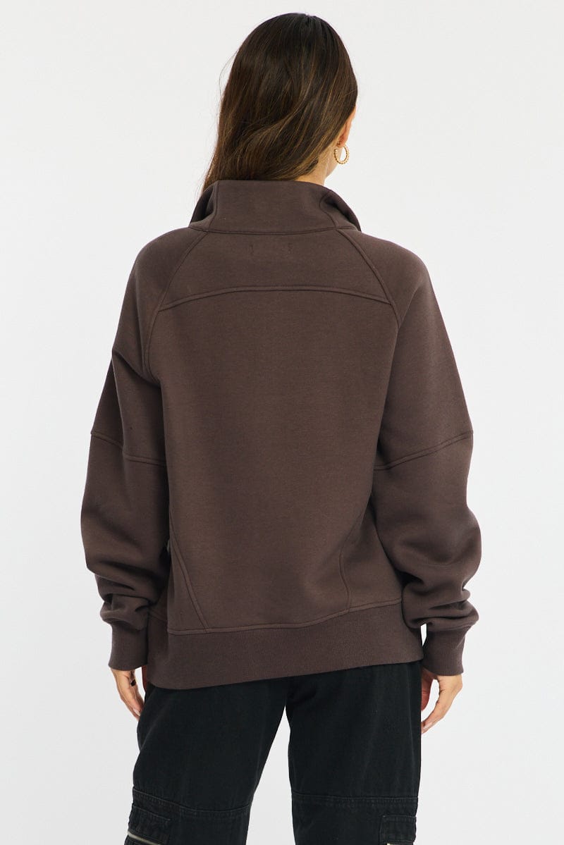 Brown Zip Up Sweater Long Sleeve for Ally Fashion