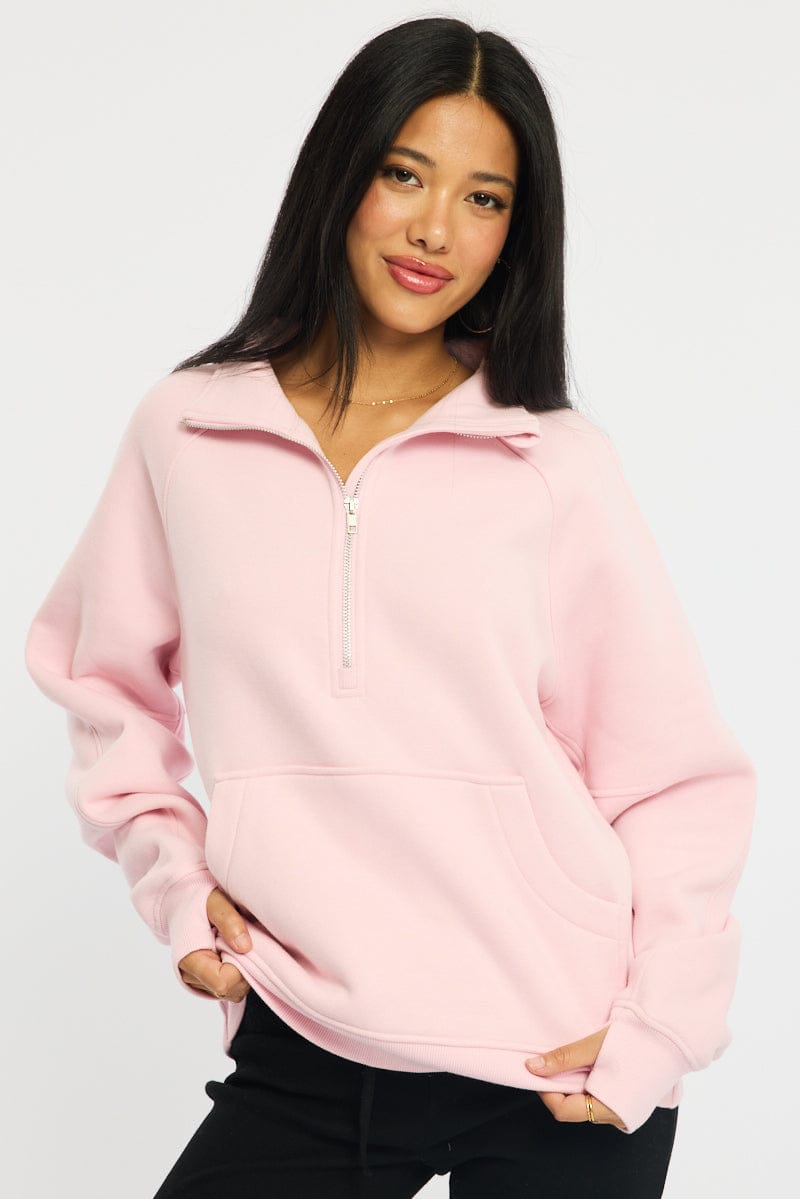 Pink Zip Up Sweater Long Sleeve for Ally Fashion