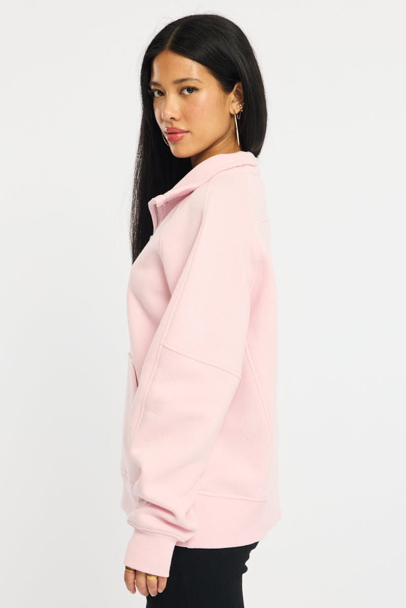 Pink Zip Up Sweater Long Sleeve for Ally Fashion