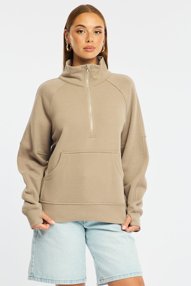 Beige Zip Up Sweater Long Sleeve for Ally Fashion