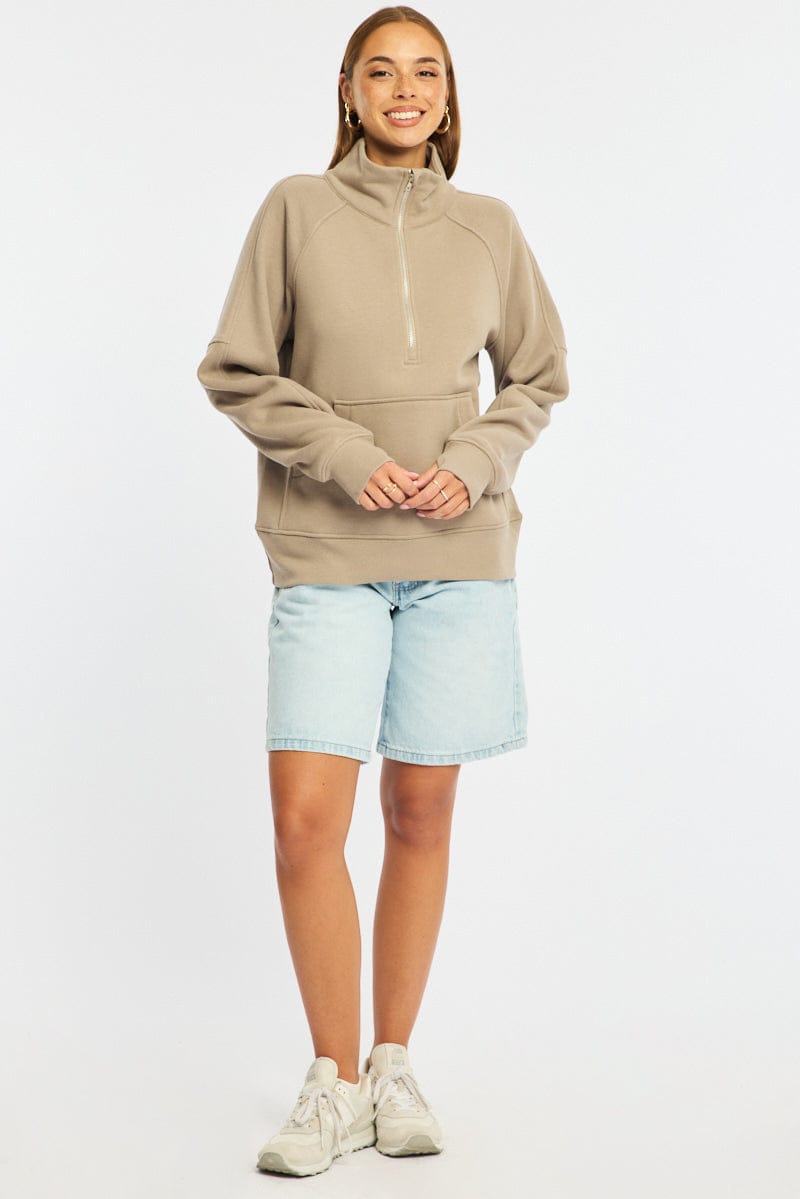 Beige Zip Up Sweater Long Sleeve for Ally Fashion