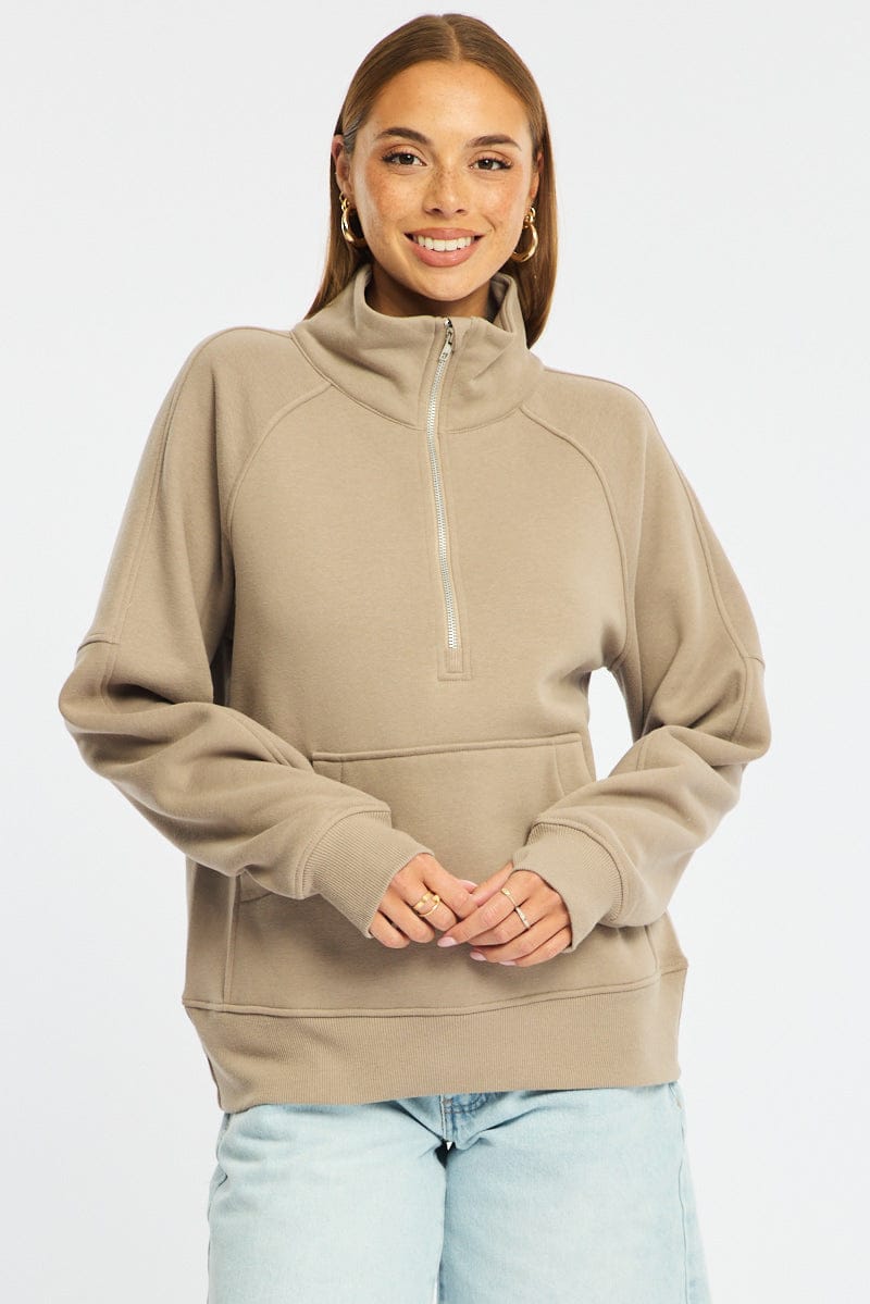 Beige Zip Up Sweater Long Sleeve for Ally Fashion