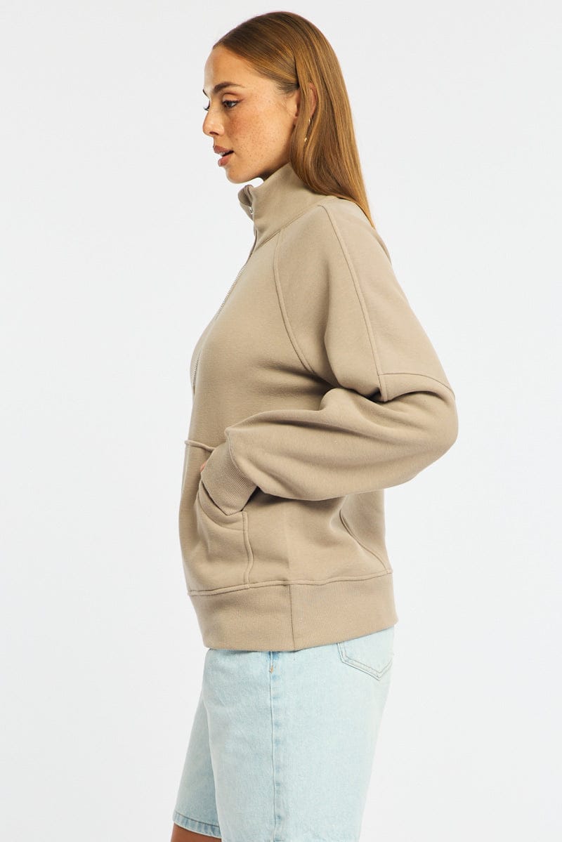 Beige Zip Up Sweater Long Sleeve for Ally Fashion