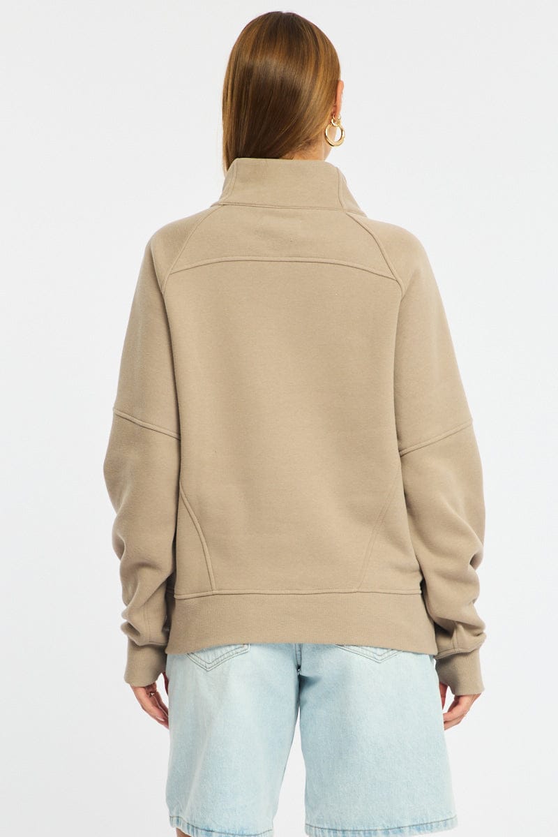 Beige Zip Up Sweater Long Sleeve for Ally Fashion