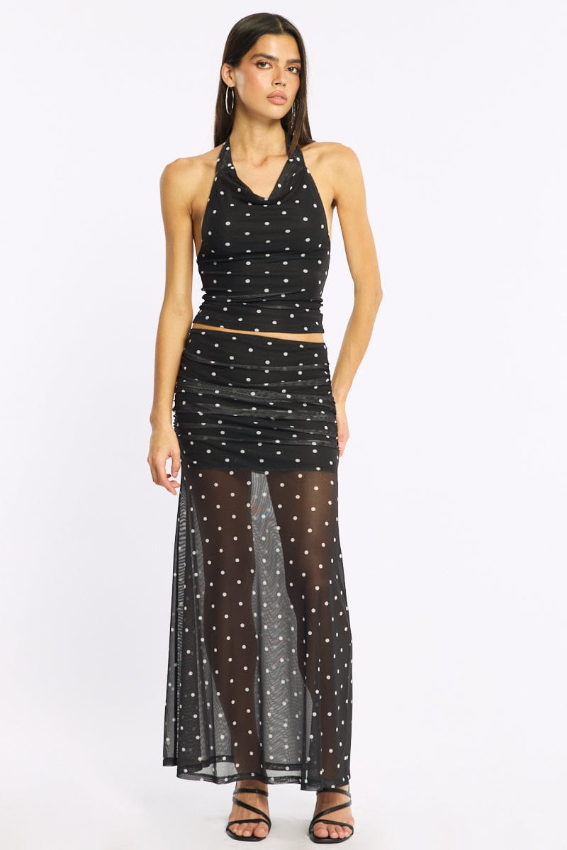 Black Polka Dot Halter Neck Top Mesh for Ally Fashion