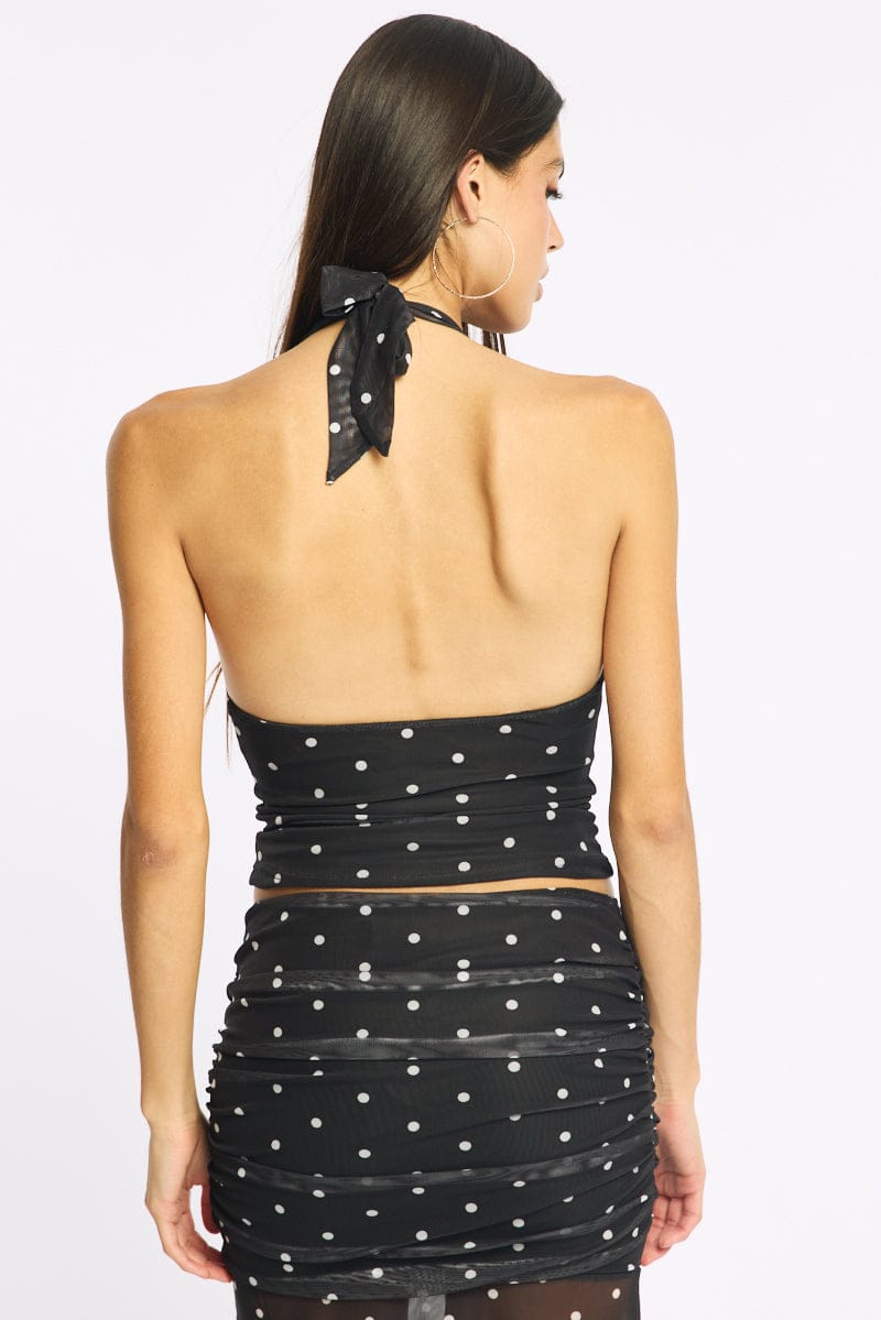 Black Polka Dot Halter Neck Top Mesh for Ally Fashion