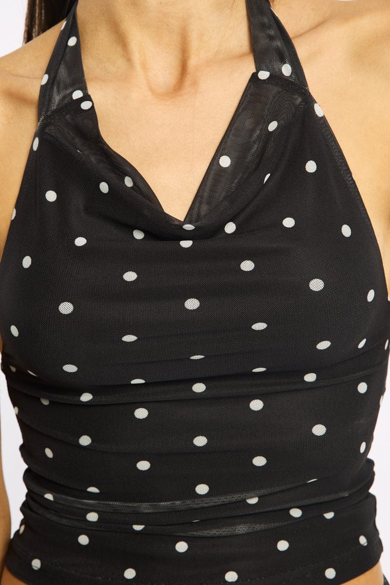 Black Polka Dot Halter Neck Top Mesh for Ally Fashion