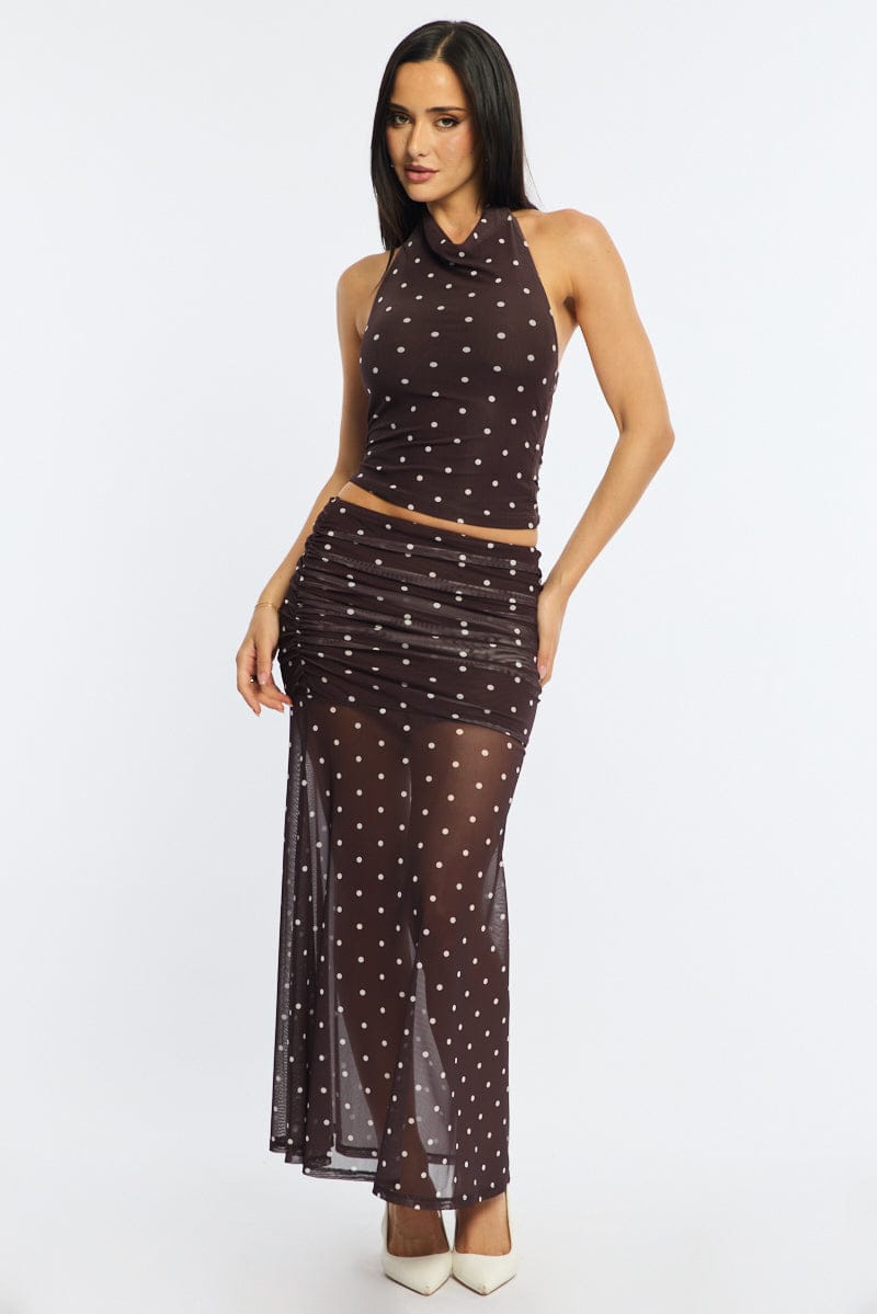 Brown Polka Dot Halter Neck Top Mesh for Ally Fashion