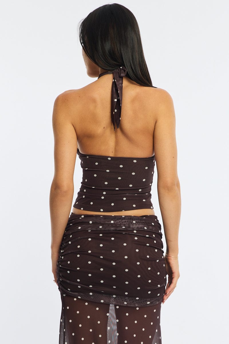 Brown Polka Dot Halter Neck Top Mesh for Ally Fashion